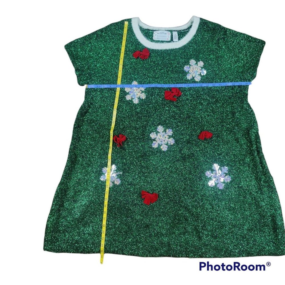 Merry & Bright Christmas tree ugly holiday dress/tunic sweater short sleeve NWT - Picture 2 of 4
